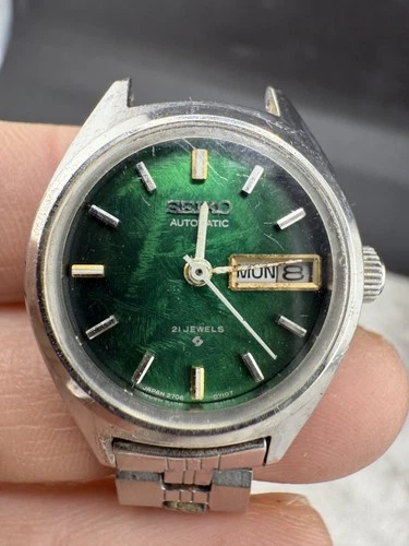 Vintage Seiko Watch Women Silver Tone Green Automatic BROKEN FOR PARTS