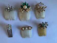 Lot of 6  Vintage Hair Combs Textured Glass Pearls Marquis Cut Rinestones
