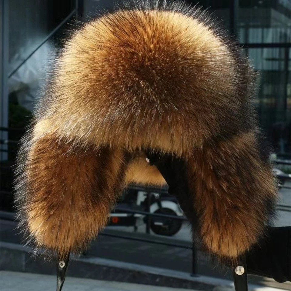 Men Full Covered Real Raccoon Hat Russian Ushanka Cossack Hat Warm Trapper Hat - Image 2 of 4