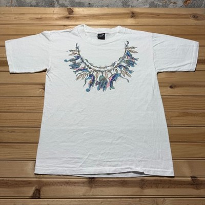 Vintage 90s Necklace Fish Shells Ocean Sea Trompe Art Souvenir T-Shirt - Large