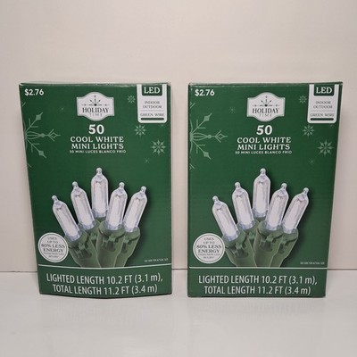 (2) NEW Holiday Time 50ct COOL WHITE LED Lights Green Wire 11.2 Feet Each