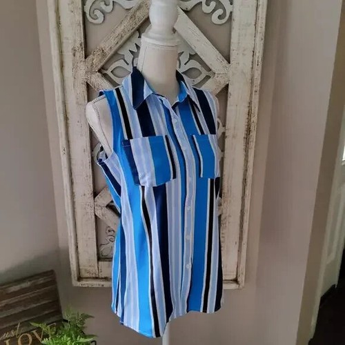 Notations Women's Sleeveless Collar Button Down Pocket Blouse Tank Top Stripe