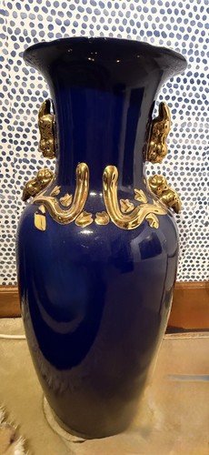 Beautiful vintage 24” Tall cobalt blue And Gold Urn Shipped Art Deco Floor Vase - Picture 2 of 11