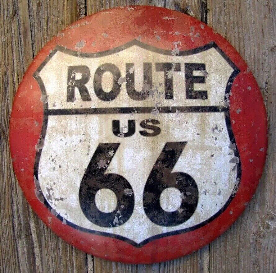Primitive Antique Vtg Style Red Highway Route 66 Dome Tin Sign Man Cave Retro