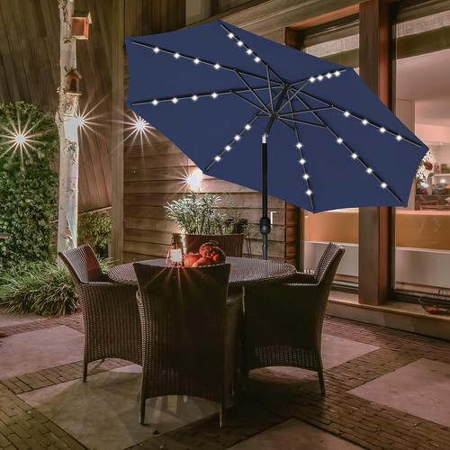 9FT Patio Umbrella with 32 LED Lights 8 Ribs Tilt Solar Market Umbrella Outdoor - Picture 52 of 69