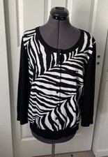 TALBOTS Black White Zebra Print Crew Neck Button-Up  3/4 Slv Cardigan Sweater XL