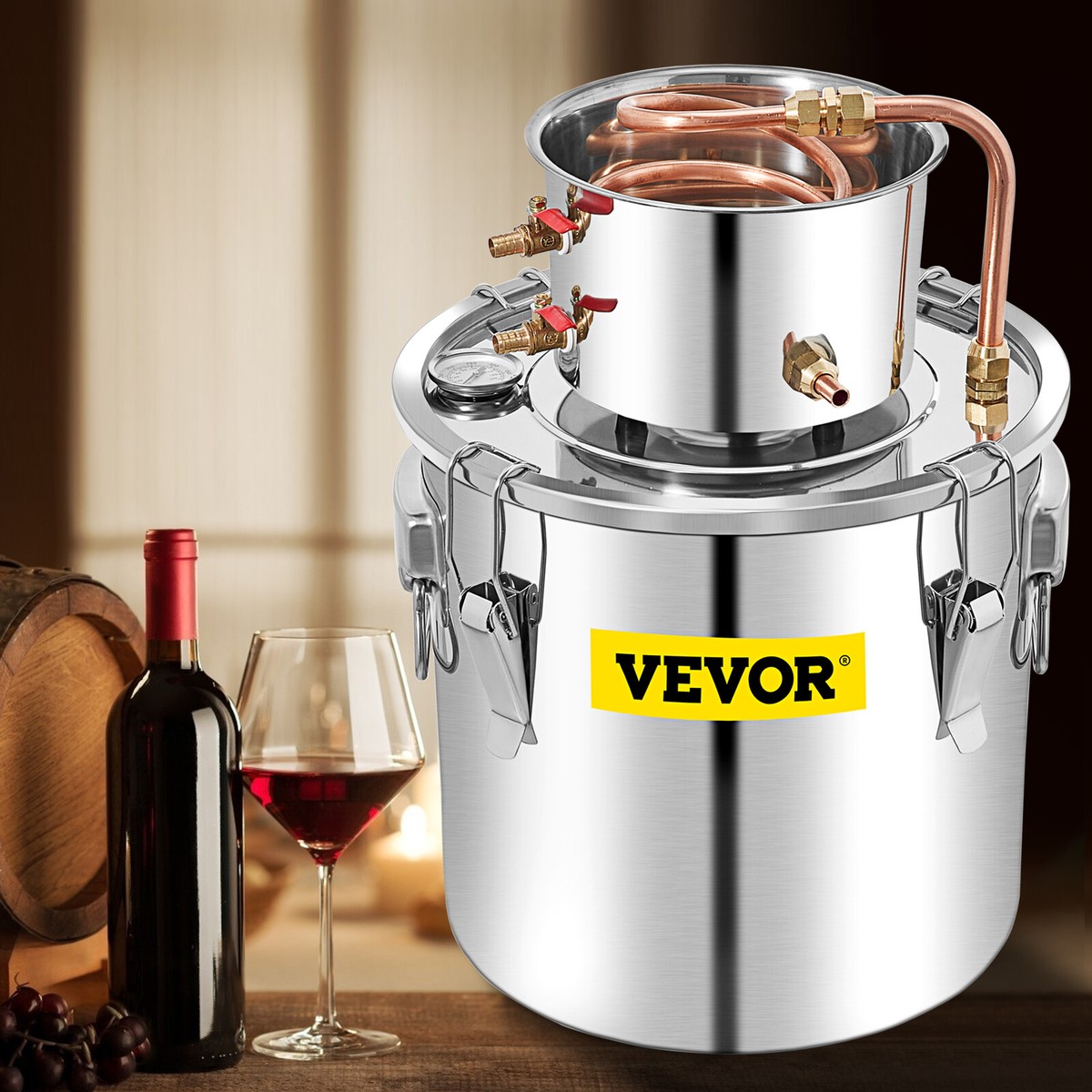Réfrigérant Graham Alambic Inox – Avec Thermomètre Et Clarificateur – Distillation