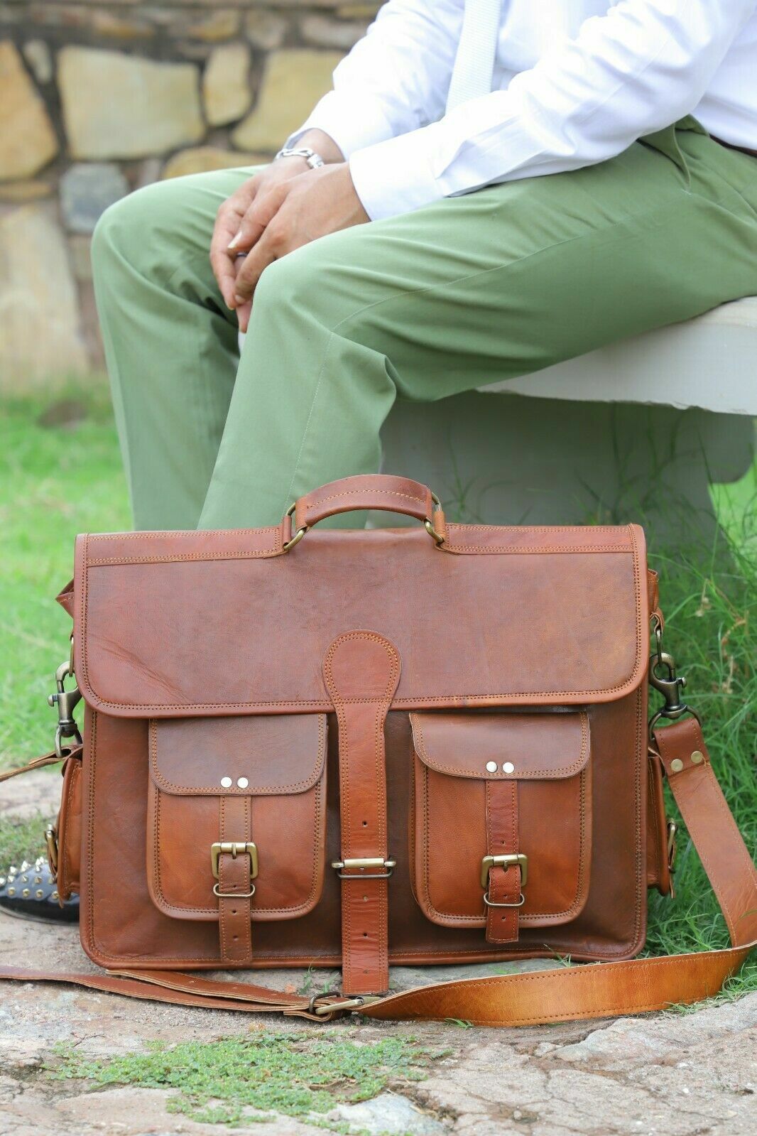 Leather Messenger Bag Men's women Satchel Laptop Shoulder bag Large Briefcase 