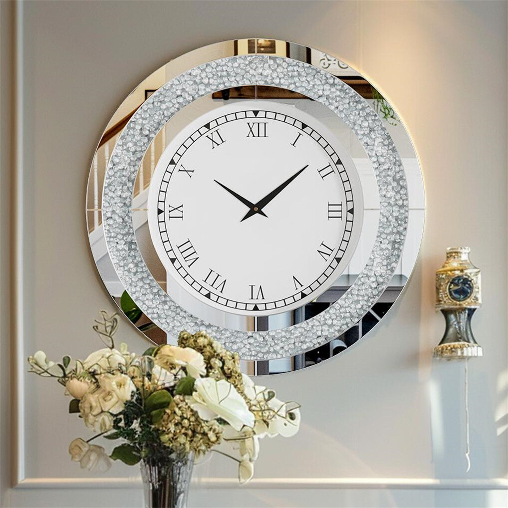 Mirrored Glass Round Wall Clock Roman Clocks Farmhouse 23.62 inch/31.49 inch