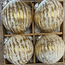 Tinsel & Fir Large Gold White Wash Swirl Glass Christmas Ornaments 4” Set 4