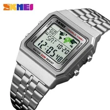 SKMEI Mens Watches World Time Digital Stainless Steel Silver Countdown Watch UK