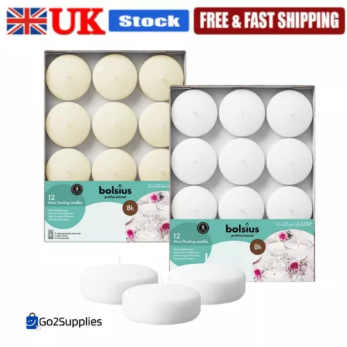 Bolsius Maxi Floating Candles 12 Tray - 8 Hour Burn Time - White / Ivory Ø 7.6cm