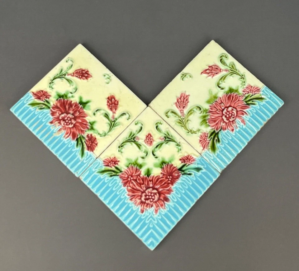 3 Azulejos Antiguos Mayólica Art Nouveau Floral 6 1/8" x 6 1/8" Hechos en Inglaterra Foto 2 de 4