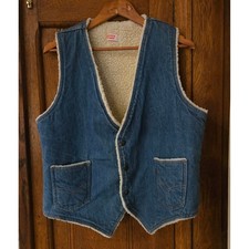 Vintage Levis Denim Sherpa Lined Vest Mens Large Med Orange Tab BlueJean Western