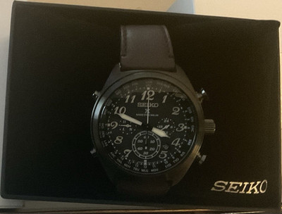 Seiko Watch Mens Chronograph Black Dial Brown Leather Strap Stainless Steel