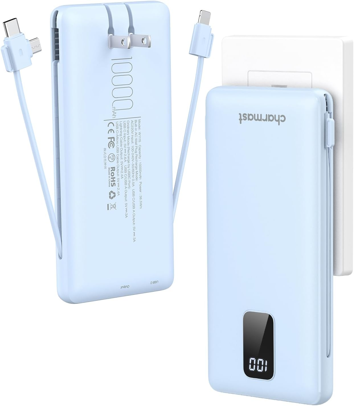 Portable Charger with Built-in Cables & Wall Plug, 10000mAh Portable Power Bank,