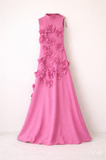 Pink 3D Floral Applique Maxi Dress Sleeveless Mock Neck A Line Formal Gown M