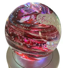NEW Ruby Glow 3” Reds Gold Orb Paperweight Bullicante Bubbles Signed Scotty G.