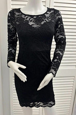 Ambiance Women’s Black Floral Lace Bodycon Short Dress S Round Neck Long Sleeve