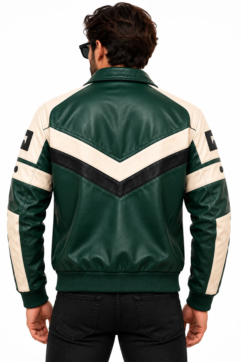 Mens Green White Genuine Cowhide Leather Jacket Retro Biker Racing Bomber Coat - product detail image 2