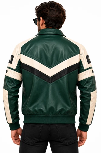 Mens Green White Genuine Cowhide Leather Jacket Retro Biker Racing Bomber Coat image 2