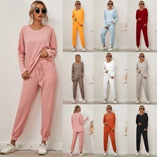 Lady Pyjama Womens Loungewear Set 2pcs Ribbed Knit Pullover Tops Pants Nightwear