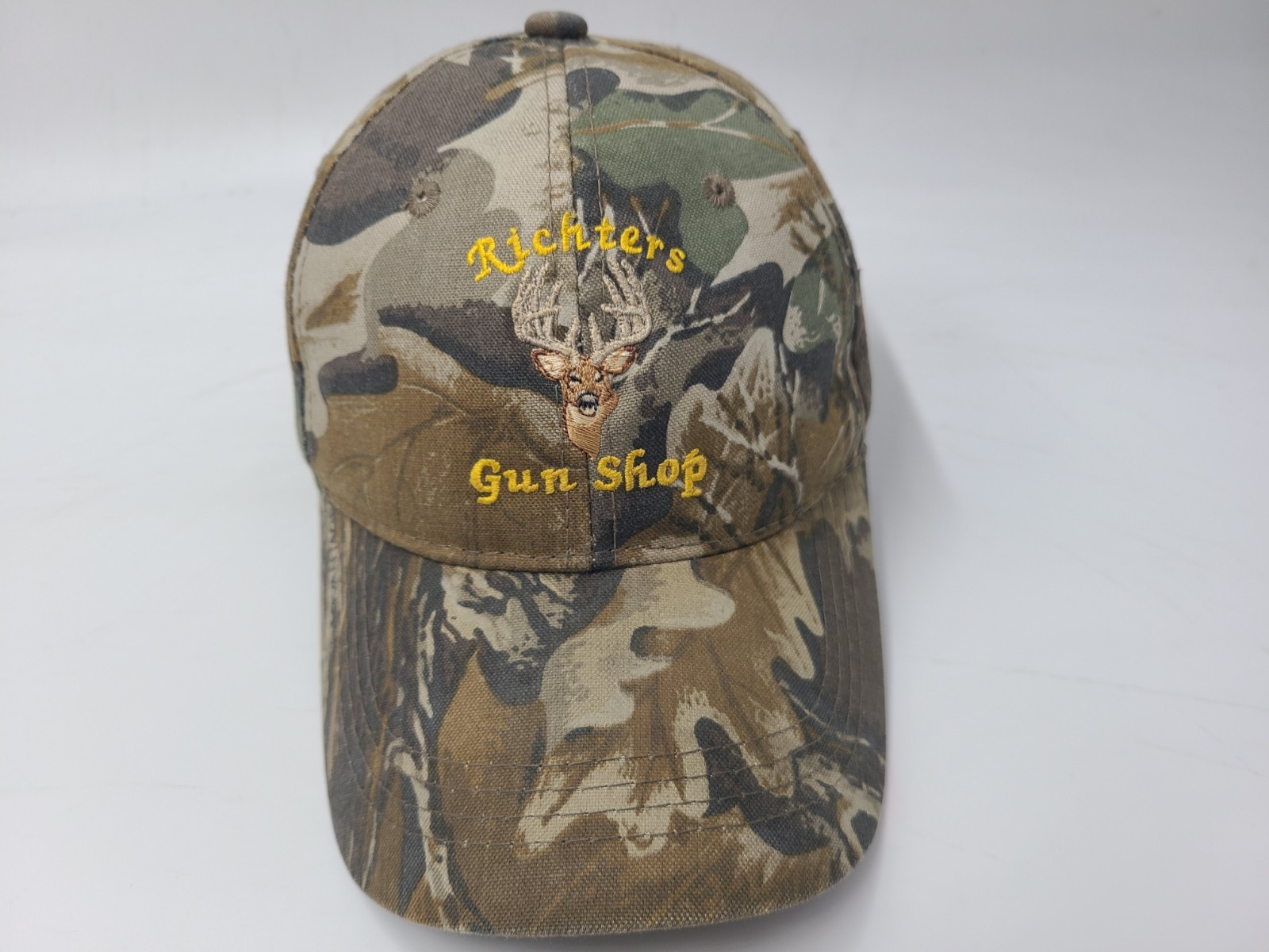 Richters Gun Shop Camo Adjustable Hat Cap Deer Logo Sunman Indiana Dad Men Brown