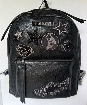 Steve Madden Black Womens Backpack Zip Studded Embroidered Stars Moon Det $98
