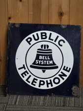 Vintage Bell System Public Telephone 18'' Porcelain Double Sided Flange Sign