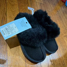 A New Day Women's Slide Slippers Faux Suede Faux Fur Lined Black US 6