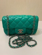 Chanel Mini Classic Flap Green Lambskin Leather Shoulder Crossbody Bag Silver HW