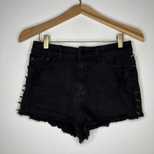 BDG High Rise Cheeky Black Denim Shorts Women's Spikes Distressed Frayed Hem