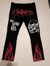 GFTD Los Angeles Sinner Black Jeans 34 See You In Hell Skull Street Flames Fire
