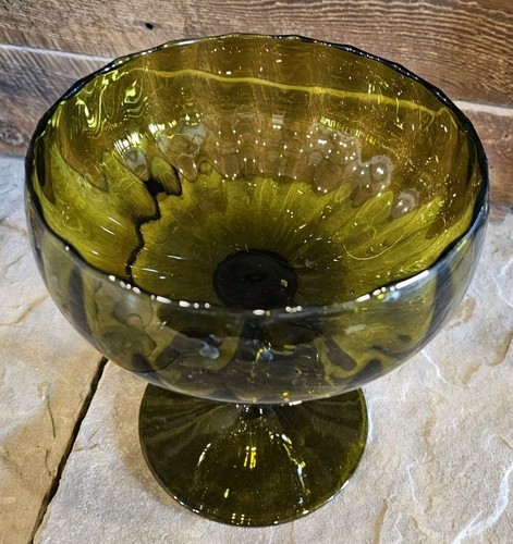 Vtg Empoli Italian Green 7.5" X 6.5" Stemmed Art Glass Vase Compote MCM Optic - Picture 4 of 8