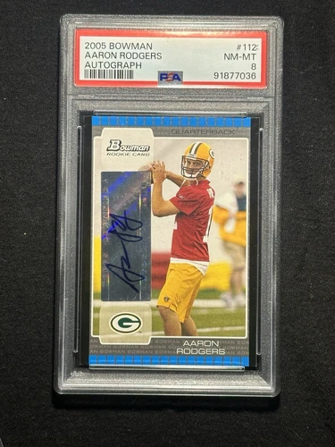 🟩🔥Aaron Rodgers🔥🟨2005 Bowman #112 RC Rookie Auto PSA 8 Packers Jets
