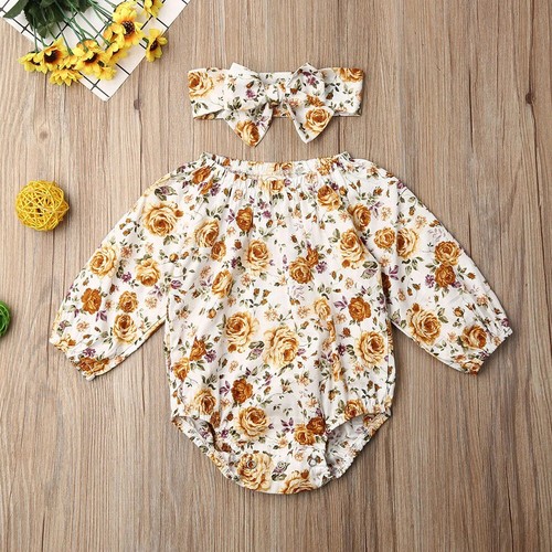 Toddler Baby Girl Cute Romper Newborn Long Sleeve Flowers Print Ruffle Jumpsuit - Picture 3 of 8