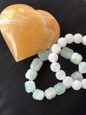 3 Piece Calcite Stone Set  Caribbean Blue Pink Bracelet and Orange Heart Healing