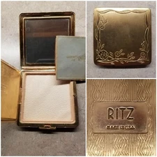 Vintage 3.25" Brass Floral "Compact by RITZ" - Hinged Powder Compartment & Pad