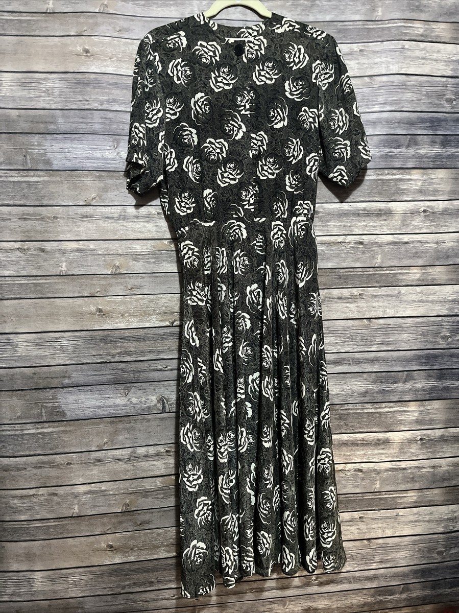 Liz Claiborne Vintage Dark Rose Floral Maxi Dress 90s Black Womens Size 6