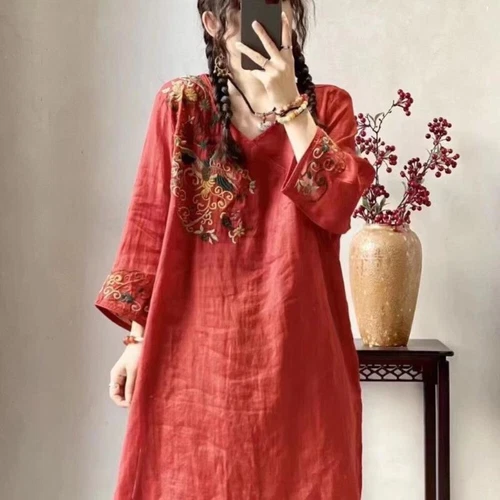 Retro Women Ethnic Embroidered Dress V Neck Chinese Floral Midi Tops Shirt Dress - Picture 11 of 22