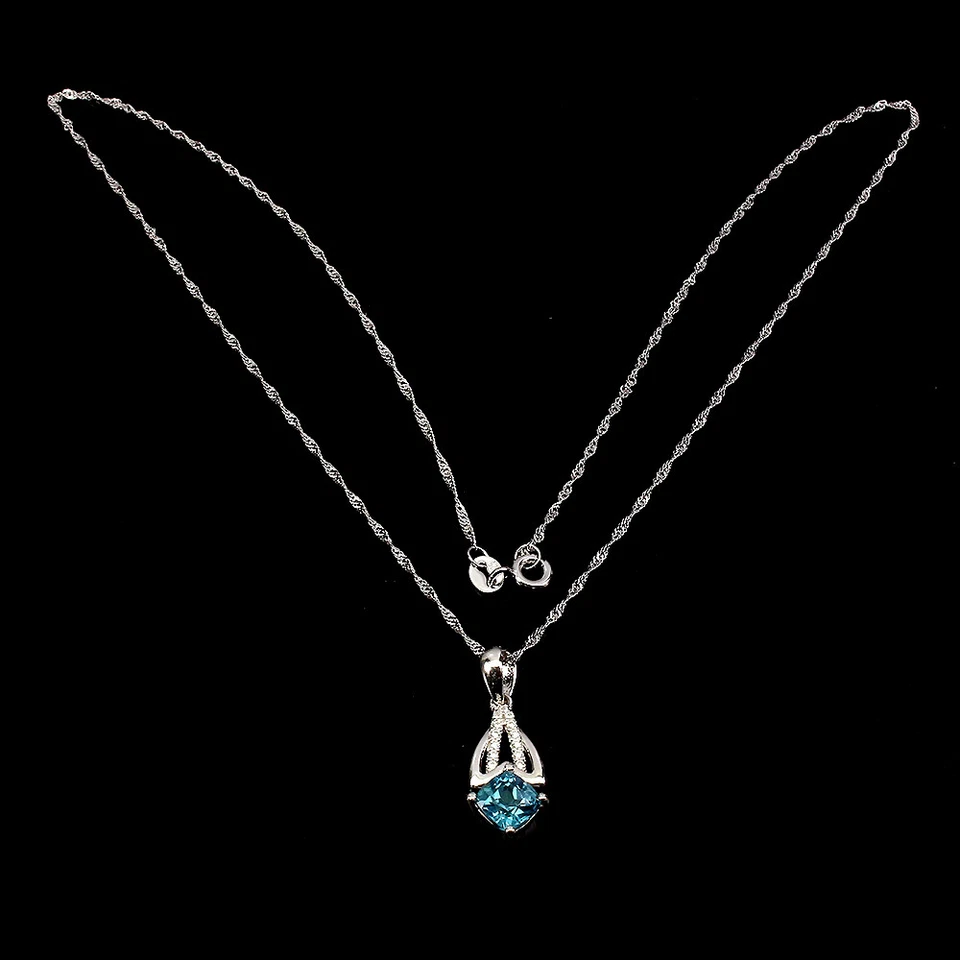 925 Sterling Silver Cushion London Topaz 6mm Simulated Cz  Necklace - Image 3 of 4