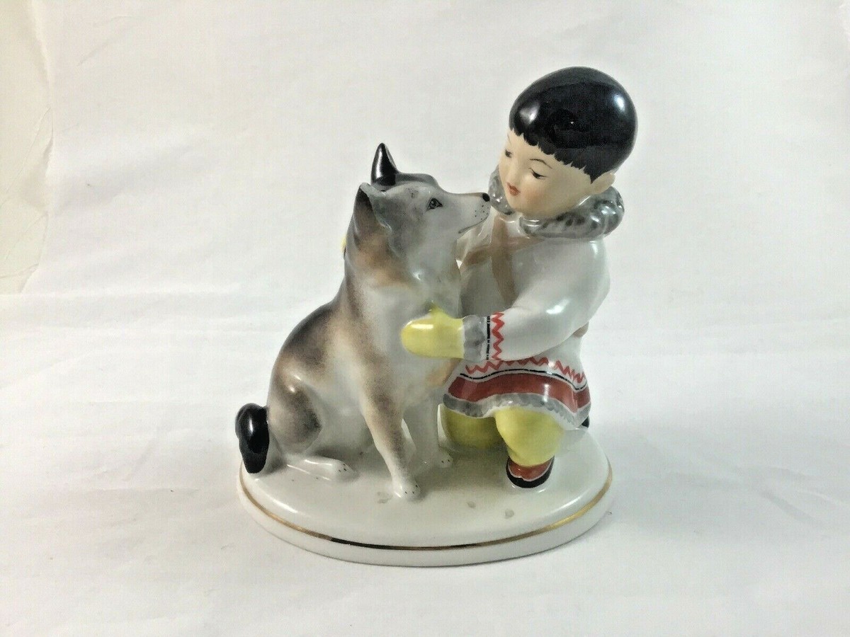 Vintage Lomonosov LFZ Porcelain Yakut Boy with Husky Dog Figure