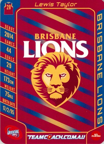 2016 Brisbane Lions AFL TeamCoach Card - Lewis Taylor - Picture 2 of 3