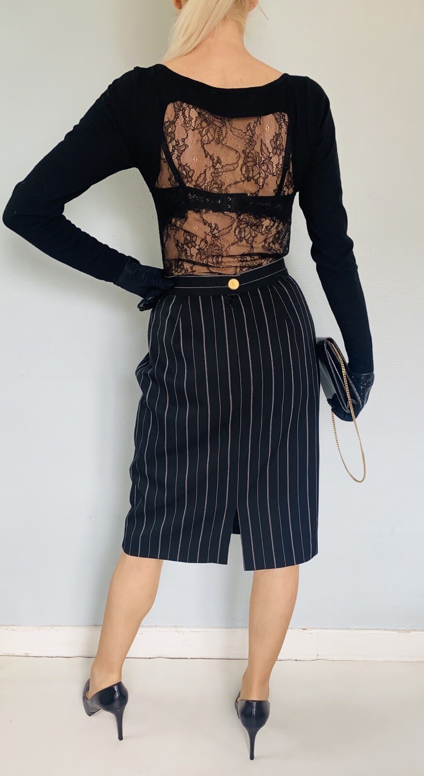 Jupe noire à rayures YVES SAINT LAURENT Variation Vintage 1980s Taille 36