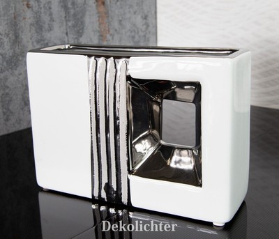 Edle Designer Keramik Vase Oval – In Cappuccino/Silber/weiß, 18x9x34 Cm, Mit Loch Für Stil-Deko