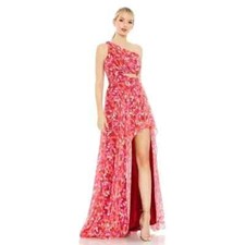 Mac Duggal 9160 Pink Multi Printed One Shoulder Cut Out Hi-Low Gown SZ 4 NWT