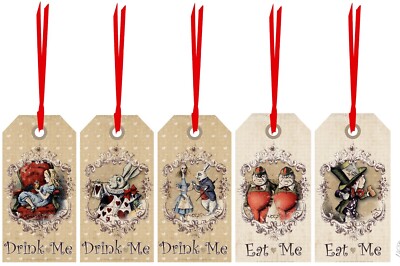 20 ALICE IN WONDERLAND EAT ME DRINK ME SHOWER BIRTHDAY PARTY TAGS SILK RIBBON