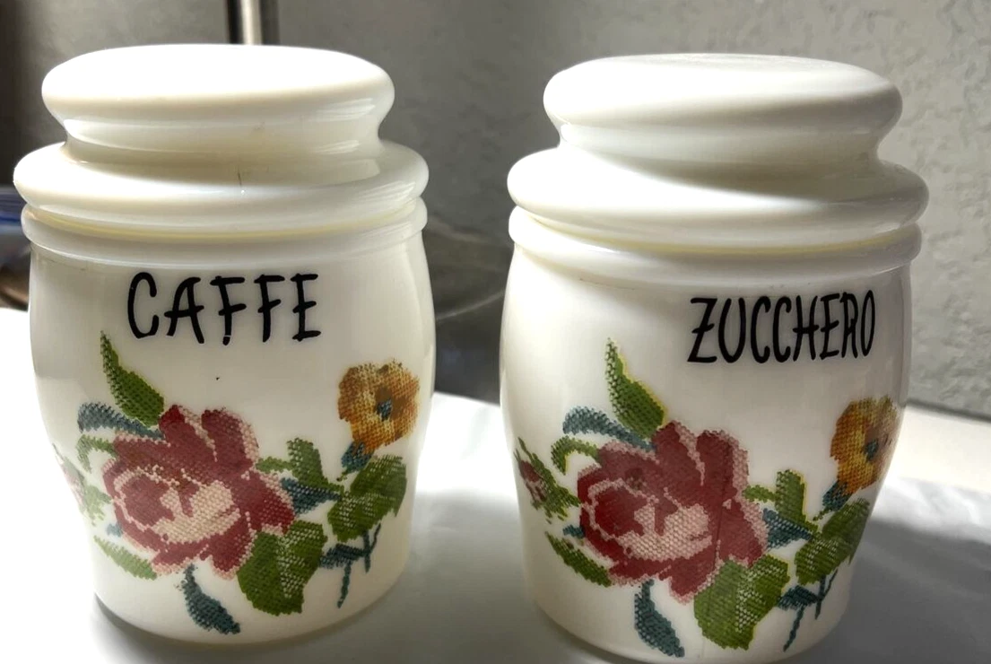 VTG White Milk Glass Jars Floral w/ CAFFE & ZUCCHERO SET 2 PC MADE IN ITALY ktc