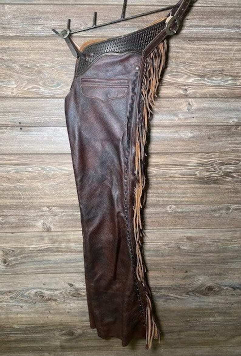 Chaps Homme Pantalon D'équitation Western Cowboy Chap Franges Cuir Daim Chasseurs A Pied