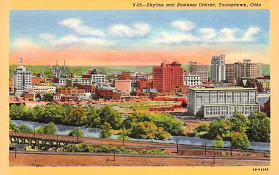 Youngstown Ohio OH City Skyline Downtown Railroad Train Tracks Vtg Postcard G14